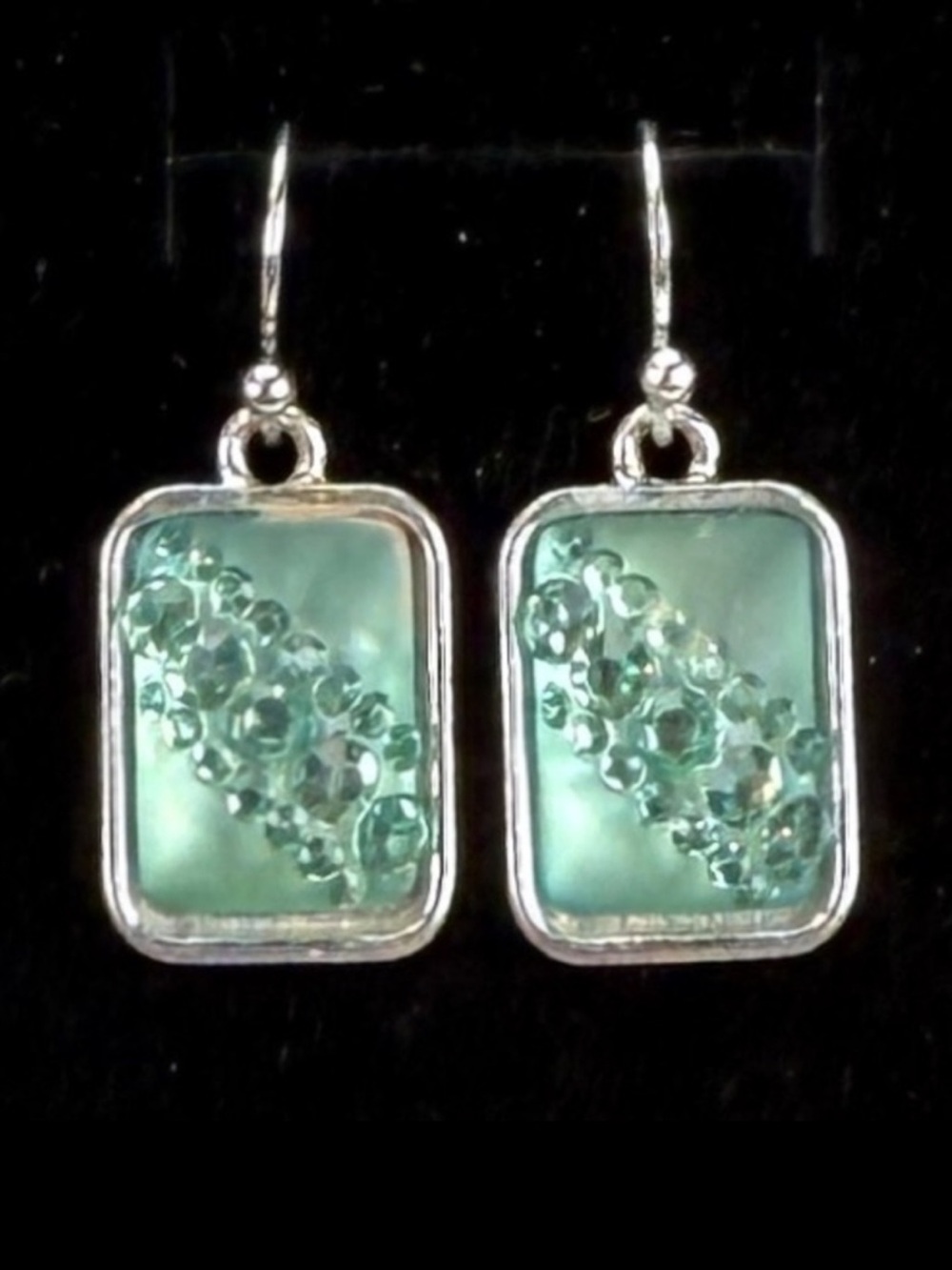 Pretty Silvertone, dreamy blueish green raised costume pierced earrings